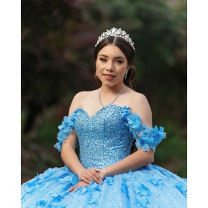 Off Shoulder Sky Blue Quinceanera Dresses Sequin Sweetheart Neck 15 Dress With 3D Flowers