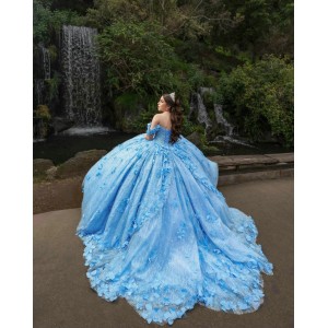 Off Shoulder Sky Blue Quinceanera Dresses Sequin Sweetheart Neck 15 Dress With 3D Flowers