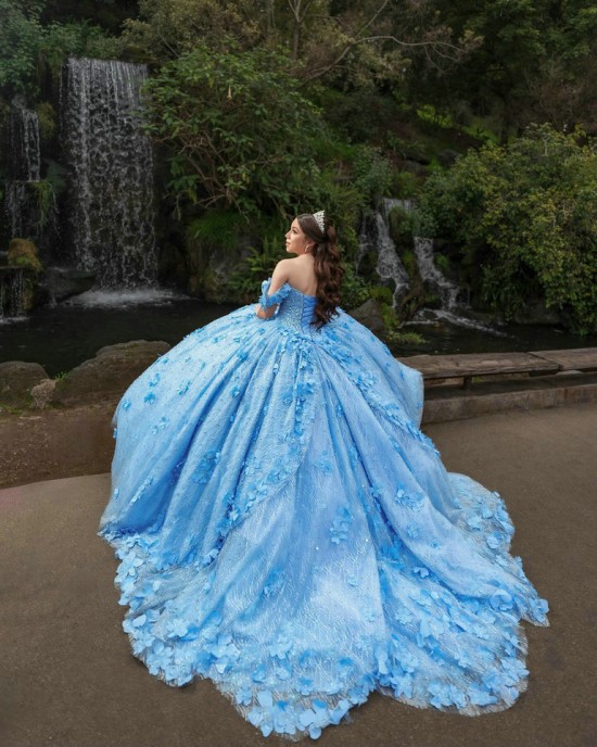 Off Shoulder Sky Blue Quinceanera Dresses Sequin Sweetheart Neck 15 Dress With 3D Flowers