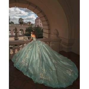 Off Shoulder Tiffany Blue Quinceanera Dresses Sequin Sweetheart Neck Lace Appliques 15 Dress