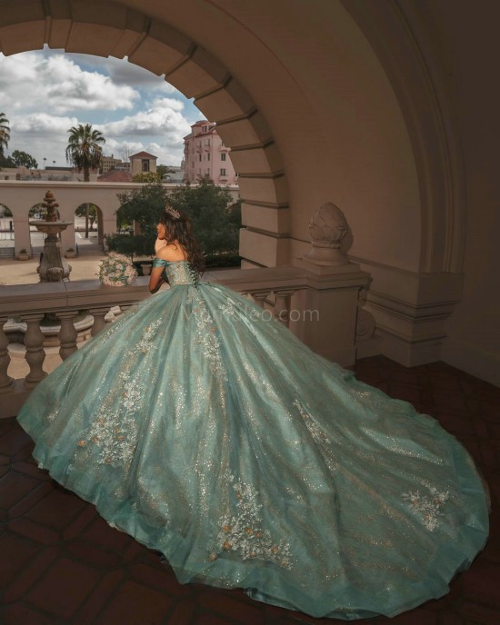 Off Shoulder Tiffany Blue Quinceanera Dresses Sequin Sweetheart Neck Lace Appliques 15 Dress