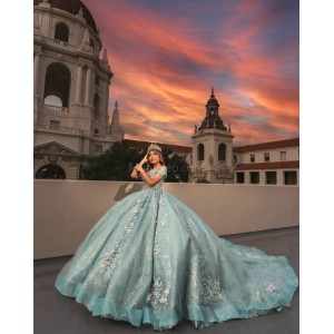 Off Shoulder Tiffany Blue Quinceanera Dresses Sequin Sweetheart Neck Lace Appliques 15 Dress