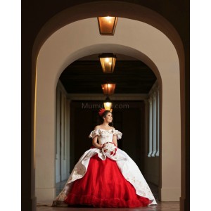 Off Shoulder White On Red Quinceanera Dresses Sweetheart Neck 15 Dress