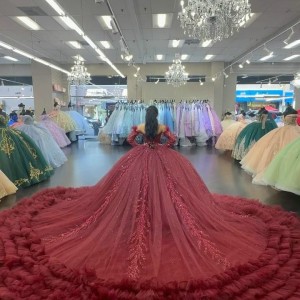 Off The Shoulder Long Sleeves Burgundy Quince Dresses With Ruffle