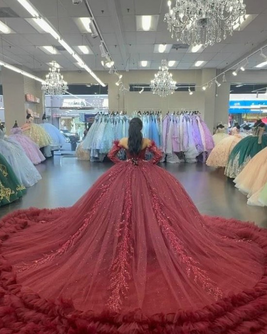 Off The Shoulder Long Sleeves Burgundy Quince Dresses With Ruffle