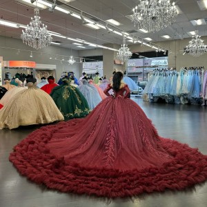 Off The Shoulder Long Sleeves Burgundy Quince Dresses With Ruffle