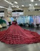 Off The Shoulder Long Sleeves Burgundy Quince Dresses With Ruffle