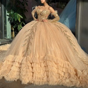 Off The Shoulder Long Sleeves Champagne Ruffled Quinceanera Dresses Online