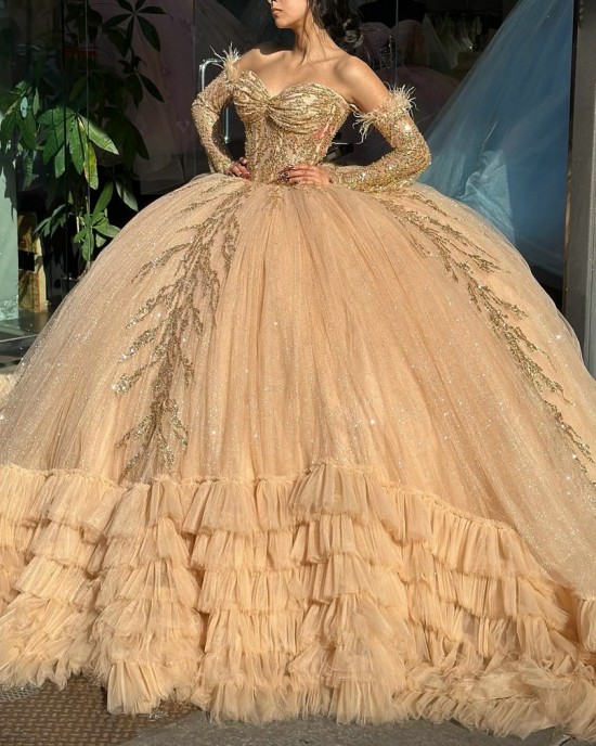 Off The Shoulder Long Sleeves Champagne Ruffled Quinceanera Dresses Online