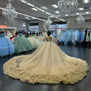 Off The Shoulder Long Sleeves Champagne Ruffled Quinceanera Dresses Online