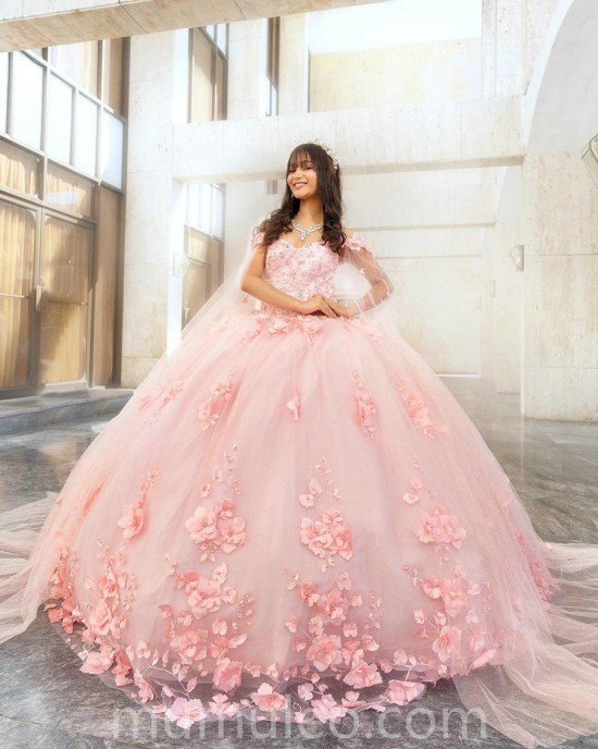 Pink Quince Dress 3D Flowers Party Vestidos De 15 Anos Sweetheart Neck Lace Appliques Women 2024 Ball Gown With Cape