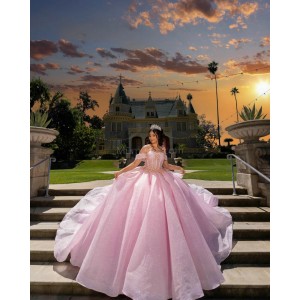 Pink Quince Dress Off Shoulder Birthday Party Robe Sweetheart Neck Sweet 15 Gowns Sequin Vestidos De 15 Anos