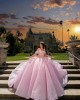 Pink Quince Dress Off Shoulder Birthday Party Robe Sweetheart Neck Sweet 15 Gowns Sequin Vestidos De 15 Anos