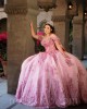 Pink Quinceanera Dress Off Shoulder 2024 Ball Gown Princess Dresses Sequin Lace Appliques Birthday Party Robe With Bow