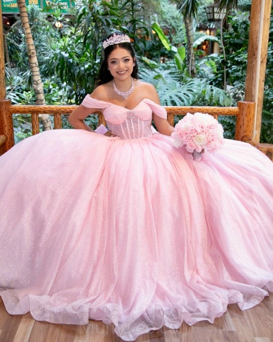 Pink Quinceanera Dress Off Shoulder Vestidos De 15 Anos Sequin Sweetheart Women Tulle 2024 Ball Gown