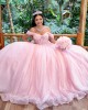 Pink Quinceanera Dress Off Shoulder Vestidos De 15 Anos Sequin Sweetheart Women Tulle 2024 Ball Gown