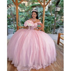 Pink Quinceanera Dress Off Shoulder Vestidos De 15 Anos Sequin Sweetheart Women Tulle 2024 Ball Gown