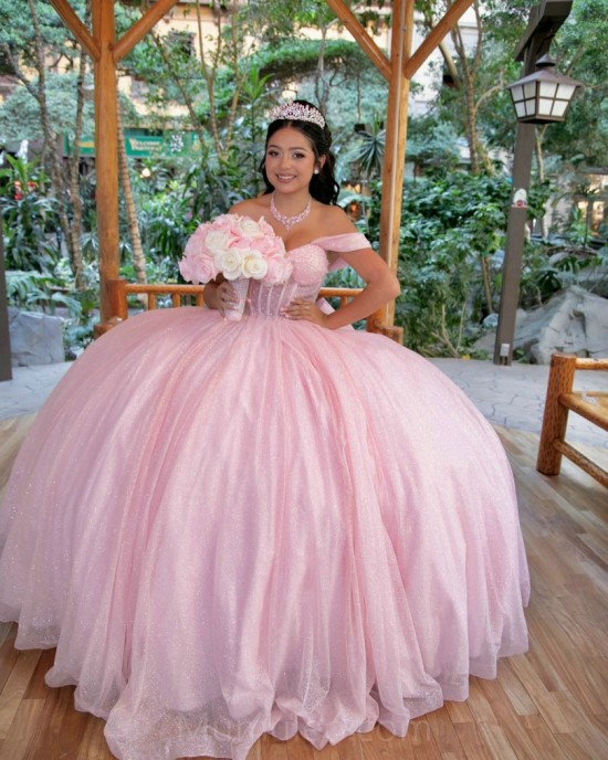 Pink Quinceanera Dress Off Shoulder Vestidos De 15 Anos Sequin Sweetheart Women Tulle 2024 Ball Gown