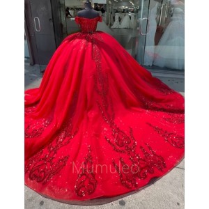 Red Quince Dress Off Shoulder Vestidos De 15 Anos Birthday Gowns Sweet 15 16 Dresses