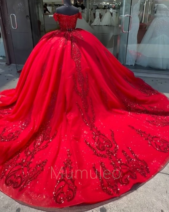 Red Quince Dress Off Shoulder Vestidos De 15 Anos Birthday Gowns Sweet 15 16 Dresses