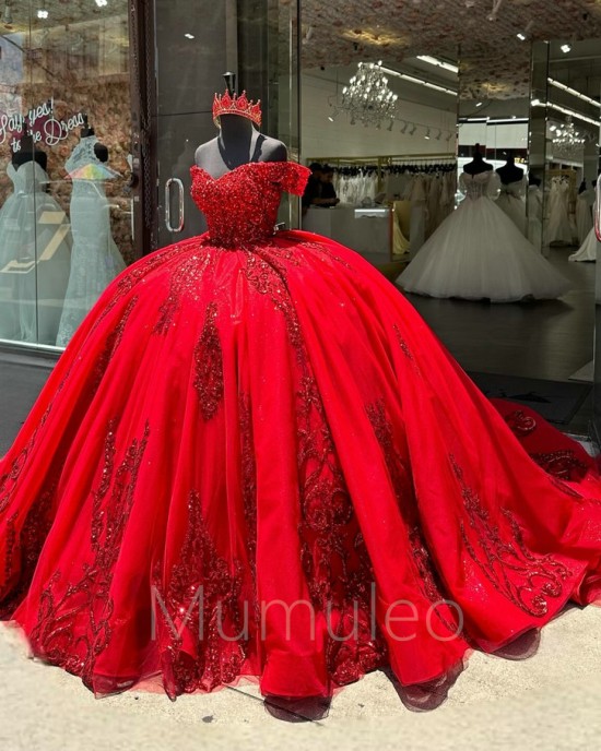 Red Quince Dress Off Shoulder Vestidos De 15 Anos Birthday Gowns Sweet 15 16 Dresses