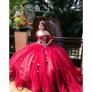 Red Quince Dress Wear Pageant Off Shoulder Vestidos De 15 Anos 3D Flowers Sweetheart 15 16 Years Old Birthday Party Gown