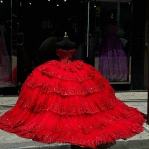 Red Tiered Quinceanera Dress Sweetheart Neck Sequin Girls Ball Gown Sweet 16 Dresses Off Shoulder Vestidos De 15 Anos