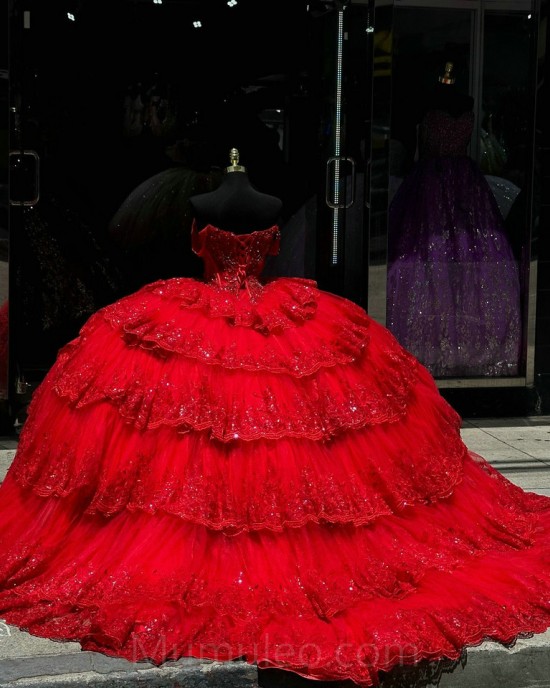 Red Tiered Quinceanera Dress Sweetheart Neck Sequin Girls Ball Gown Sweet 16 Dresses Off Shoulder Vestidos De 15 Anos