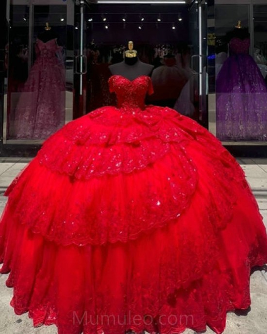 Red Tiered Quinceanera Dress Sweetheart Neck Sequin Girls Ball Gown Sweet 16 Dresses Off Shoulder Vestidos De 15 Anos