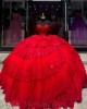 Red Tiered Quinceanera Dress Sweetheart Neck Sequin Girls Ball Gown Sweet 16 Dresses Off Shoulder Vestidos De 15 Anos