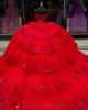 Red Tiered Quinceanera Dress Sweetheart Neck Sequin Girls Ball Gown Sweet 16 Dresses Off Shoulder Vestidos De 15 Anos