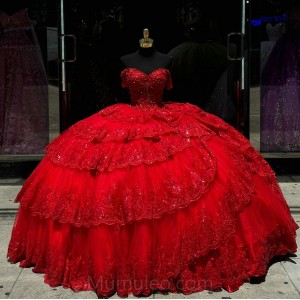 Red Tiered Quinceanera Dress Sweetheart Neck Sequin Girls Ball Gown Sweet 16 Dresses Off Shoulder Vestidos De 15 Anos