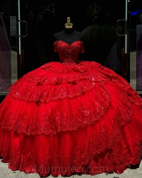 Red Tiered Quinceanera Dress Sweetheart Neck Sequin Girls Ball Gown Sweet 16 Dresses Off Shoulder Vestidos De 15 Anos