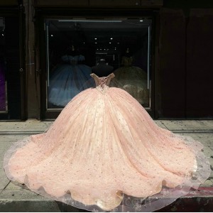 Rose Gold Quince Dress Off Shoulder Birthday Party Robe Sweetheart Neck Lace Appliques Sweet 15 Prom Party Dresses