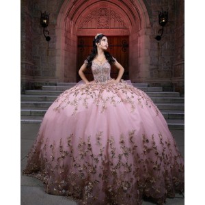 Rose Gold Quince Dress Off Shoulder Birthday Party Robe V Neck Sweet 16 Gowns Lace Appliques Vestidos De 15 Anos