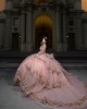 Rose Gold Quince Dress Off Shoulder Birthday Party Robe V Neck Sweet 16 Gowns Lace Appliques Vestidos De 15 Anos