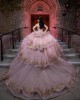 Rose Gold Quince Dress Off Shoulder Birthday Party Robe V Neck Sweet 16 Gowns Lace Appliques Vestidos De 15 Anos