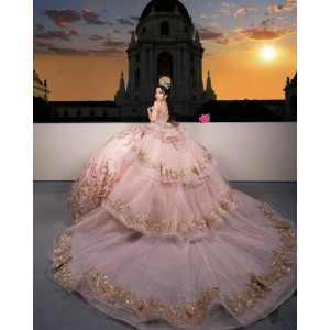 Rose Gold Quince Dress Off Shoulder Birthday Party Robe V Neck Sweet 16 Gowns Lace Appliques Vestidos De 15 Anos