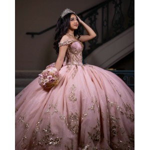 Rose Gold Quinceanera Dress Off Shoulder Sweet 15 Gowns Lace Appliques Wear Pageant Sweetheart Neck 2024 Ball Gown Princess Dresses With Bow