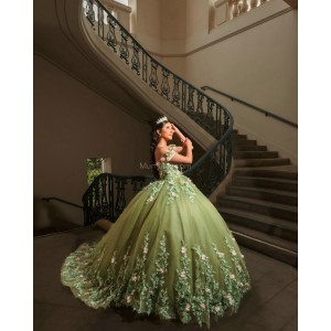 Sage Green Quince Dress 3D Flowers Girls Ball Gown Sweet 16 Dresses Off Shoulder Wear Pageant