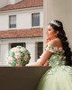 Sage Green Quince Dress 3D Flowers Girls Ball Gown Sweet 16 Dresses Off Shoulder Wear Pageant