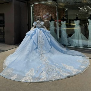 Sky Blue Quince Dress Long Sleeve Sweet 16 Sweep Sequin Women Tulle 2024 Ball Gown