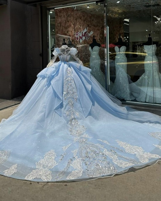 Sky Blue Quince Dress Long Sleeve Sweet 16 Sweep Sequin Women Tulle 2024 Ball Gown