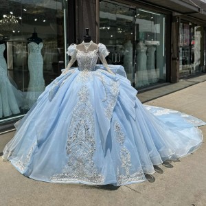 Sky Blue Quince Dress Long Sleeve Sweet 16 Sweep Sequin Women Tulle 2024 Ball Gown