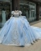 Sky Blue Quince Dress Long Sleeve Sweet 16 Sweep Sequin Women Tulle 2024 Ball Gown