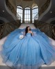 Sky Blue Quince Dress Off Shoulder Birthday Party Robe Sweetheart Neck Sweet 15 Gowns Sequin Vestidos De 15 Anos