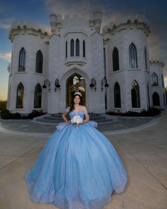 Sky Blue Quince Dress Off Shoulder Birthday Party Robe Sweetheart Neck Sweet 15 Gowns Sequin Vestidos De 15 Anos