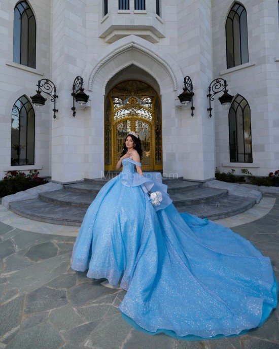 Sky Blue Quince Dress Off Shoulder Birthday Party Robe Sweetheart Neck Sweet 15 Gowns Sequin Vestidos De 15 Anos