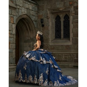 Sleeveless Navy Blue Quinceanera Dresses Sequin Sweetheart Neck Lace Appliques 15 Dress