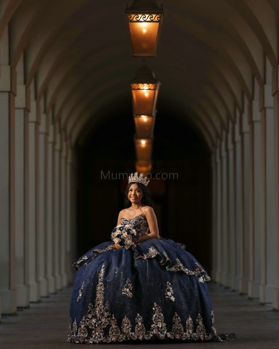 Sleeveless Navy Blue Quinceanera Dresses Sequin Sweetheart Neck Lace Appliques 15 Dress